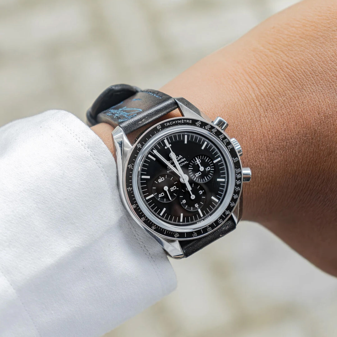 Omega Straps - Black Patina With Blue Scritto
