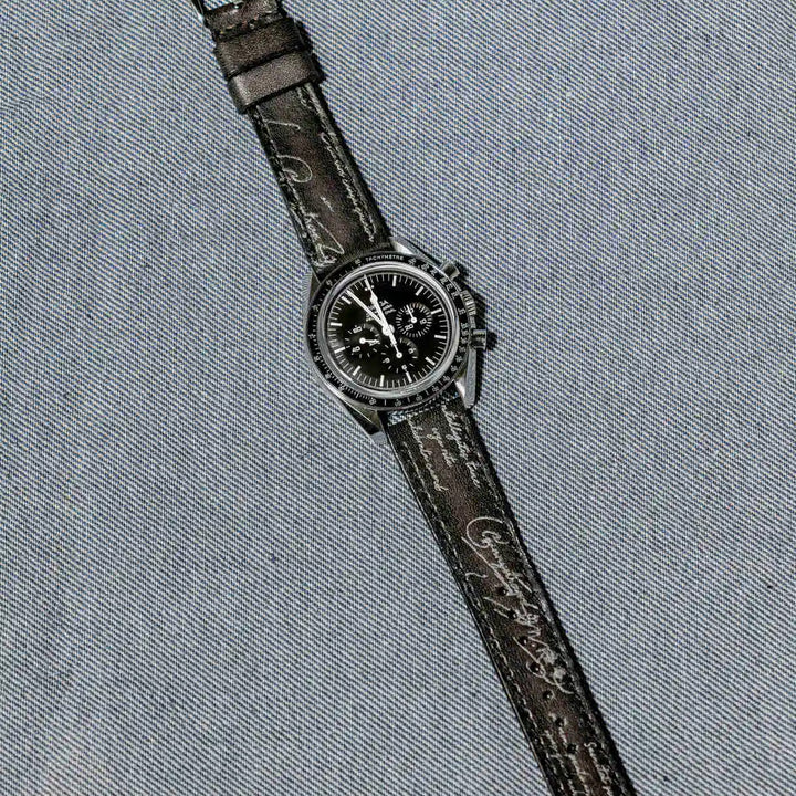 Omega Straps - Black Patina With Silver Scritto