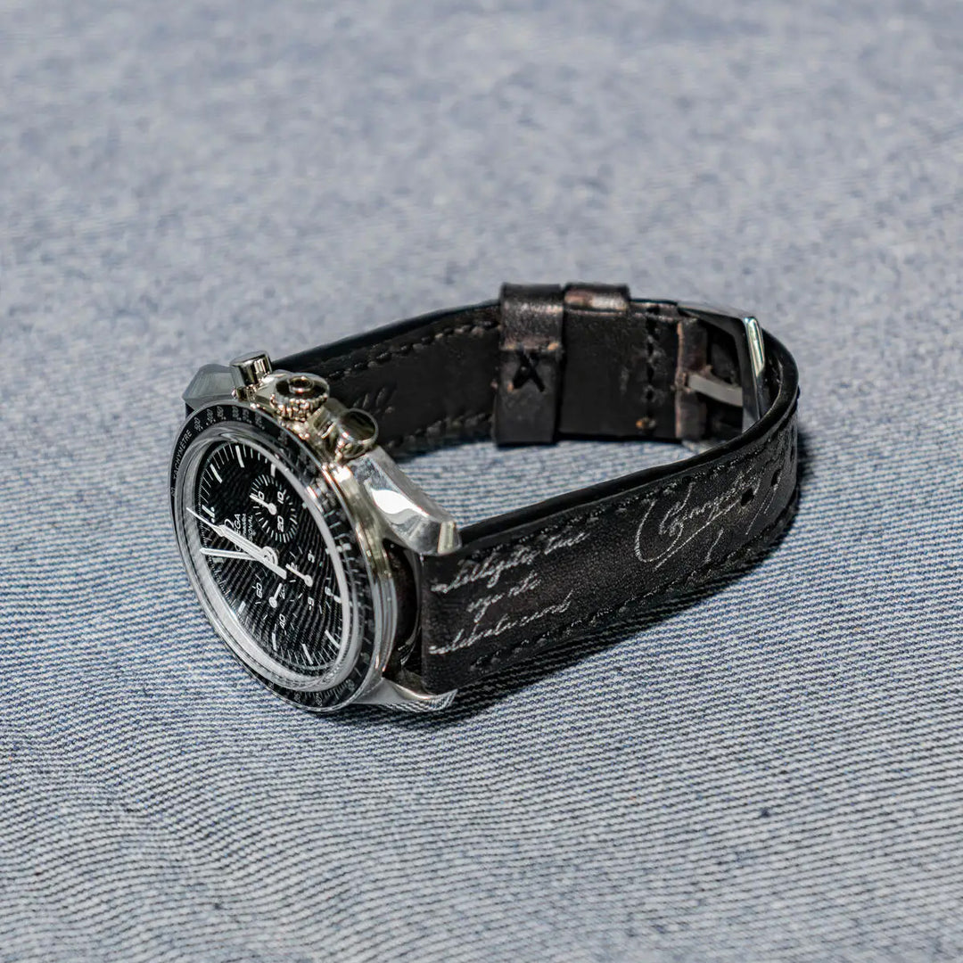 Omega Straps - Black Patina With Silver Scritto