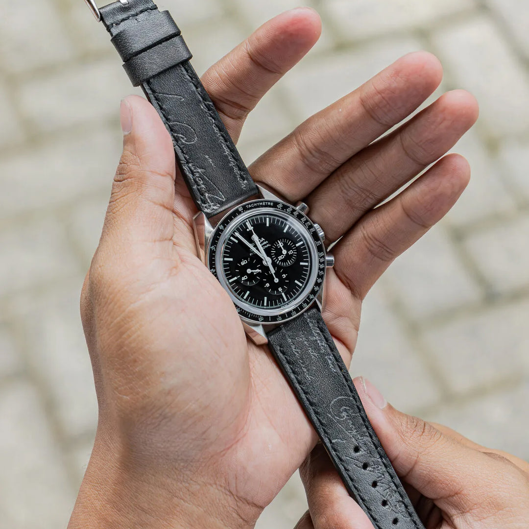 Omega Straps - Black Patina With Silver Scritto