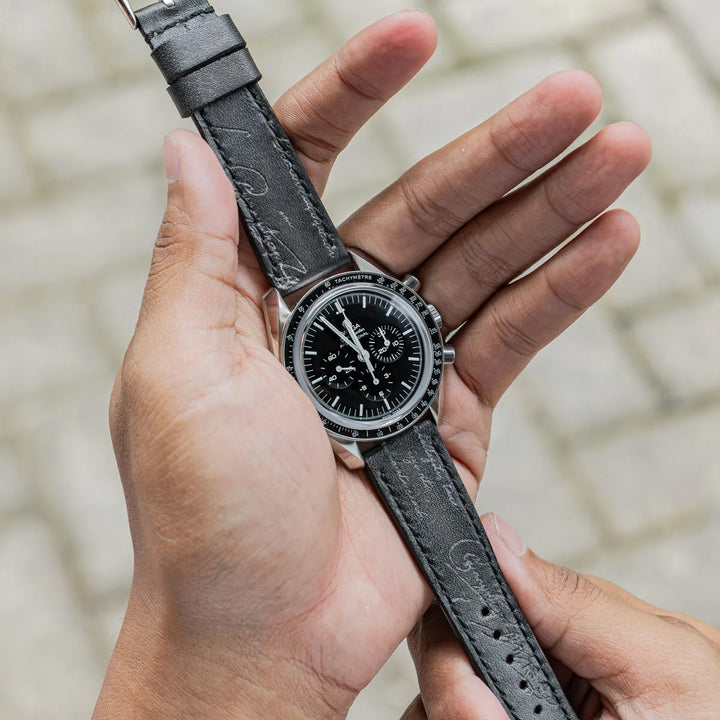 Omega Straps - Black Patina With Silver Scritto
