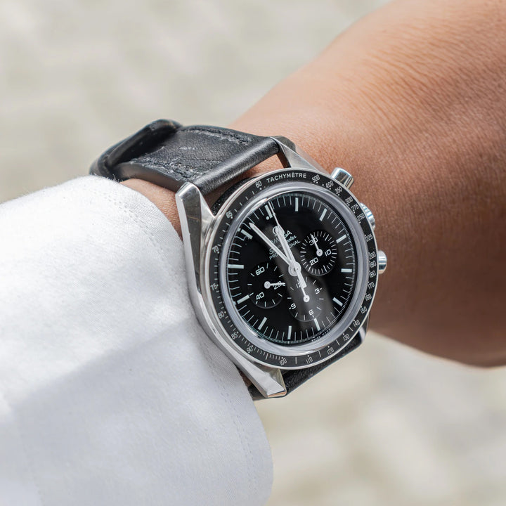 Omega Straps - Black Patina With Silver Scritto